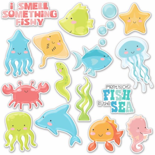 海カラフルの輪郭の魚 シール (正面)