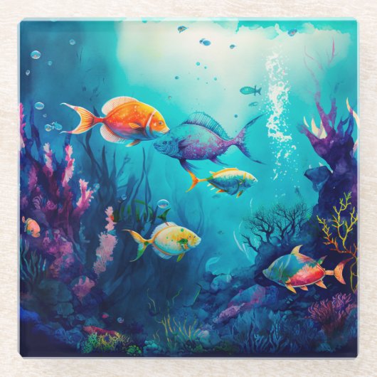 海カラフルの風景の下で ガラスコースター (正面)