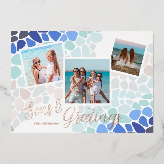 海カラフルガラスのクリスマスの海と挨拶 箔シーズンカード (正面)