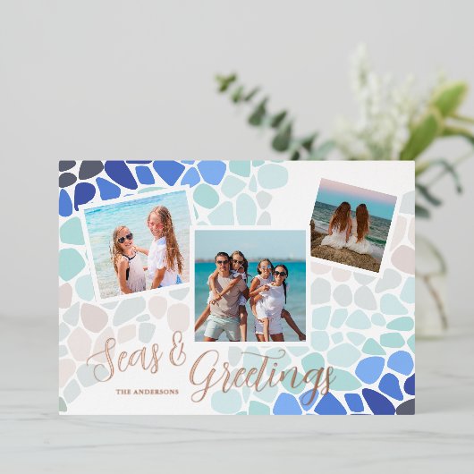 海カラフルガラスのクリスマスの海と挨拶 箔シーズンカード (立ち正面)