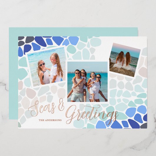 海カラフルガラスのクリスマスの海と挨拶 箔シーズンカード (正面/裏面)