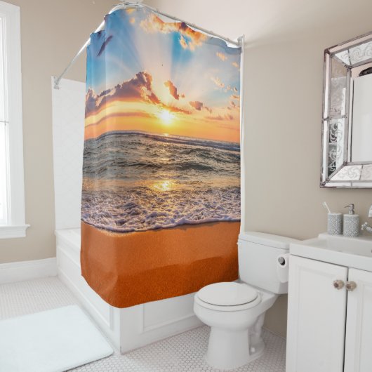 海カラフルビーチ日の出と深い青空と シャワーカーテン (インサイチュ)