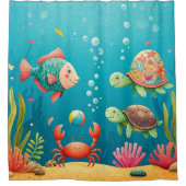 海カラフル中魚カニカメ シャワーカーテン (正面)