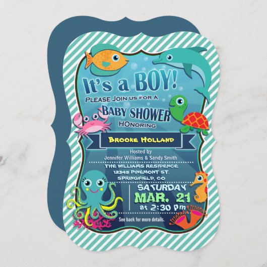 海カラフル生き物；男の子の赤ちゃんシャワー招待状 招待状 (正面/裏面)