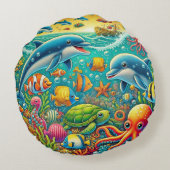 海カラフル生をテーマにした水中シーン ラウンドクッション (裏面)