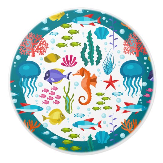 海カラフル航海の動植物の模様 セラミックノブ (正面)