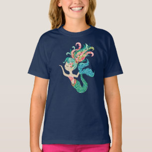 海カラフル花人魚イラストレーション Tシャツ