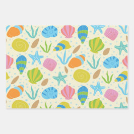海カラフル辺の貝類とヒトデ ラッピングペーパーシート