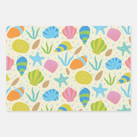 海カラフル辺の貝類とヒトデ ラッピングペーパーシート (正面)