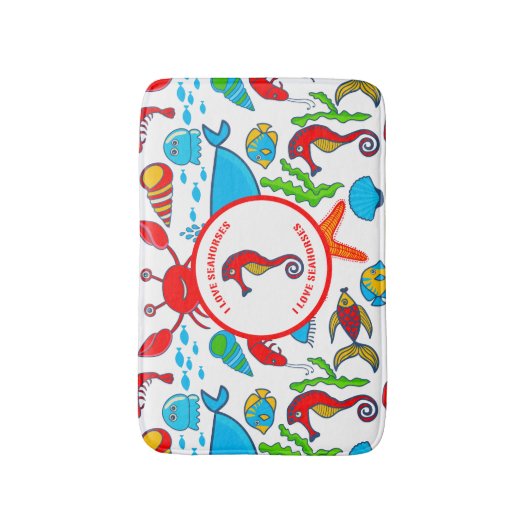 海カラフル馬をモチーフにした海の生き物パターン バスマット (正面縦)