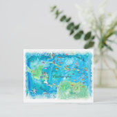 海カリブのヴィンテージ旅行地図 ポストカード (スタンド正面)