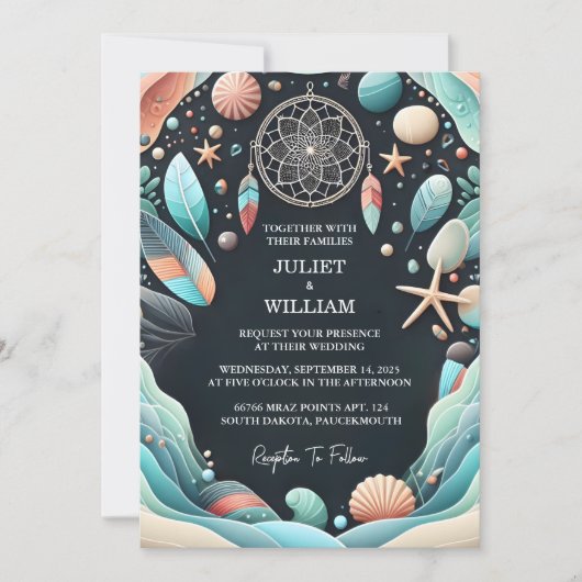 海ガラスの積み上げ米国の部族アクアサンド結婚作業 招待状 (正面)