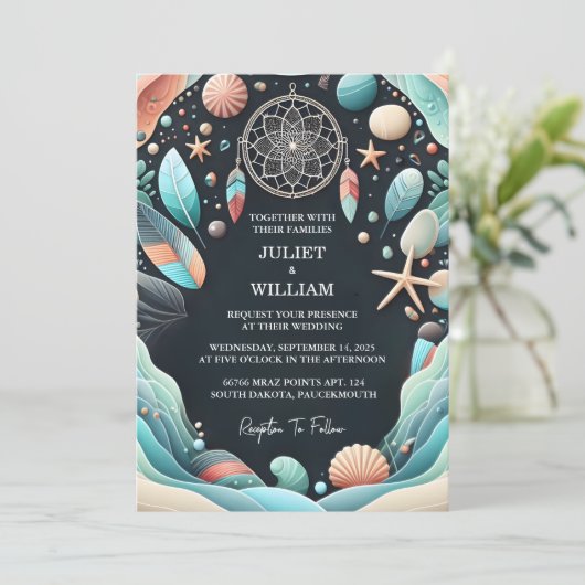 海ガラスの積み上げ米国の部族アクアサンド結婚作業 招待状 (スタンド正面)