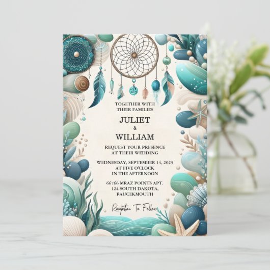 海ガラスの積み重ねによるトライバルアクアサンド結婚の作品 招待状 (スタンド正面)