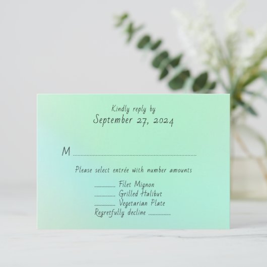 海ガラス緑のメニューエントレ結婚ーの返信カード 出欠カード (スタンド正面)