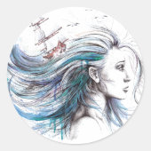 海ガール航海のシュレアル・ウォーター・カラー・アート ラウンドシール (正面)