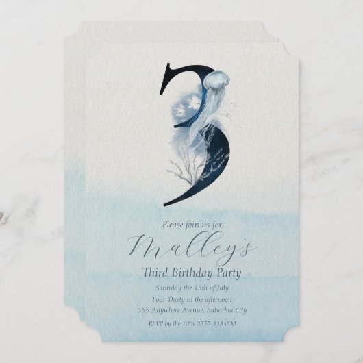 海クラゲ時代第3位3誕生日招待状 招待状 (正面/裏面)