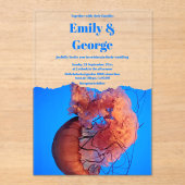 海クラゲ沿岸のネイビーブルー結婚 アクリル招待状 (正面)