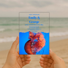 海クラゲ沿岸のネイビーブルー結婚 アクリル招待状