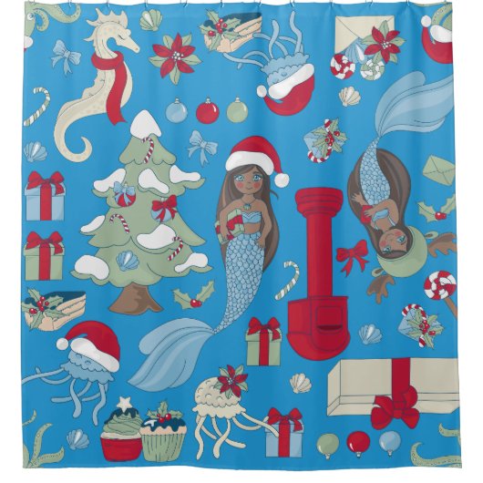 海クリスマスブラックマーメイドシーホース シャワーカーテン (正面)