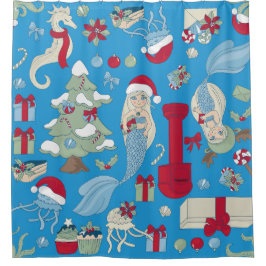 海クリスマスマーメイドのシーホース シャワーカーテン