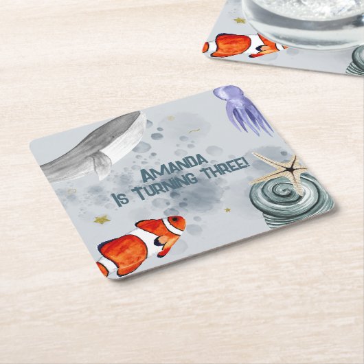 海クリーチャー子供の誕生日パーティーブルー スクエアペーパーコースター (アングル)