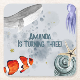 海クリーチャー子供の誕生日パーティーブルー スクエアペーパーコースター