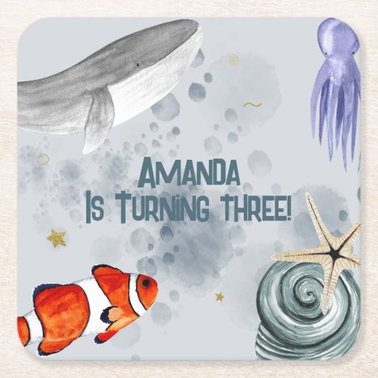 海クリーチャー子供の誕生日パーティーブルー スクエアペーパーコースター (正面)