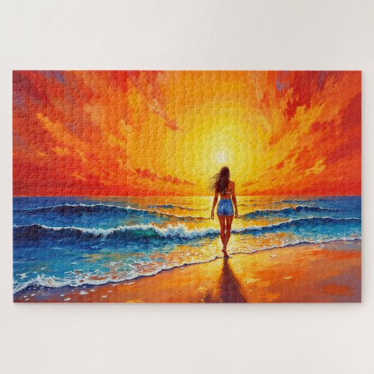 海ゴールデンアワーグローオレンジサンセットアート ジグソーパズル (横)