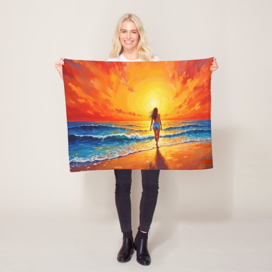 海ゴールデンアワーグローオレンジサンセットアート フリースブランケット (インサイチュ)