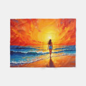 海ゴールデンアワーグローオレンジサンセットアート フリースブランケット (正面(横))