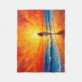 海ゴールデンアワーグローオレンジサンセットアート フリースブランケット (正面)