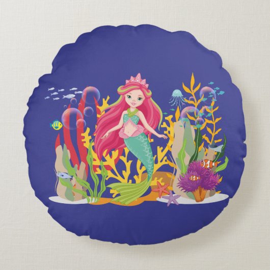 海サイレン:ロングレッドヘア ラウンドクッション (正面)