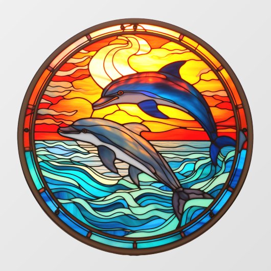 海サンセットイルカがステンドガフェイクラスにジャンプ ウィンドウサイン (シート)