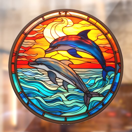 海サンセットイルカがステンドガフェイクラスにジャンプ ウィンドウサイン (シート2)