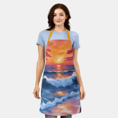 海サンセットビーチ波水色 エプロン (着用した状態)