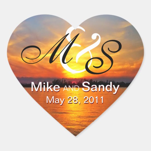 海サンセットモノグラム目的地の結婚式 ハートシール (正面)