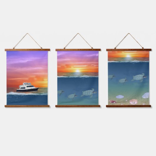 海サンライズ、ヨット、ウミガメ、真珠 吊り下げ型タペストリー (トリプル)