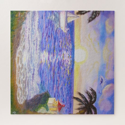 海サンライズ、海岸景観、ヨット&パームアート ジグソーパズル (横)