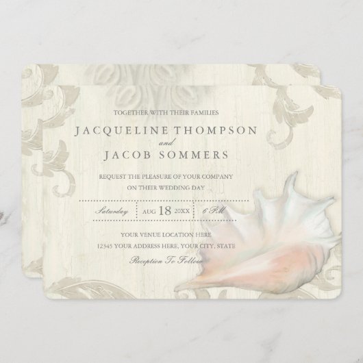 海ショアビーチシーシェルコンチシェルタイポグラフィ 招待状 (正面/裏面)