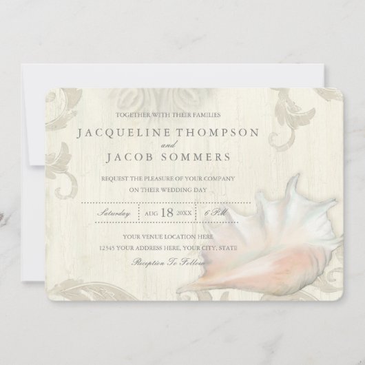 海ショアビーチシーシェルコンチシェルタイポグラフィ 招待状 (正面)