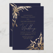 海シンプル軍エレガント金ゴールドフ結婚ローラズ 招待状 (正面/裏面)