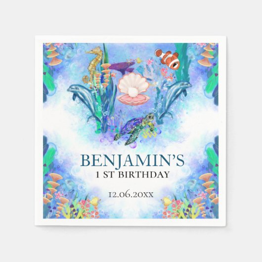 海シーアニマルズワイルドワン誕生日 スタンダードカクテルナプキン (正面)