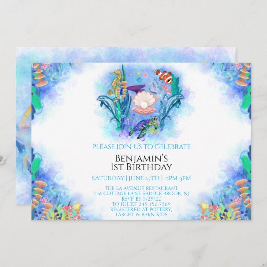海シーアニマルズ1st誕生日招待状 招待状 (正面/裏面)