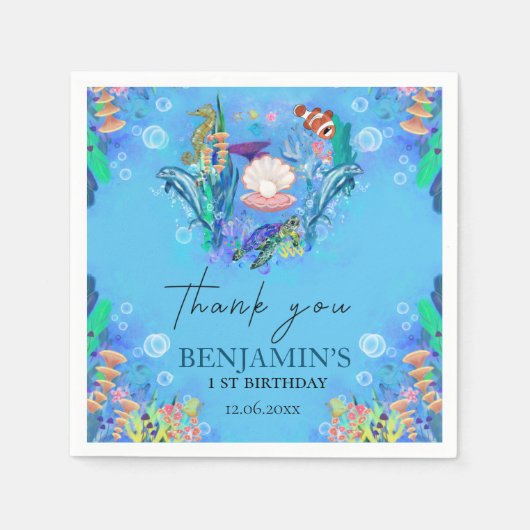 海シーアニマルワイルドワン誕生日ナプキンス スタンダードカクテルナプキン (正面)