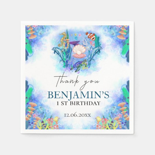 海シーアニマルワイルドワン誕生日ナプキンス スタンダードカクテルナプキン (正面)