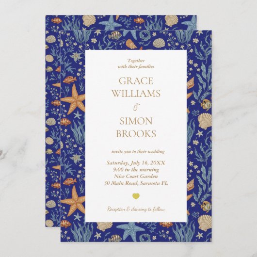 海シーエレガント金ゴールドウルトラマリンカスタムウェディング 招待状 (正面/裏面)