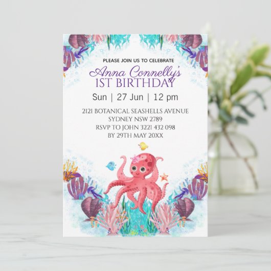 海シーカラフルピンクタコ誕生日 招待状 (スタンド正面)