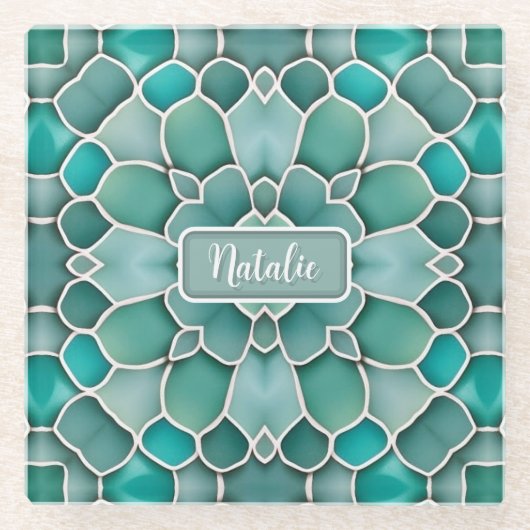 海'シーガラス'シェイプモザイクスタイルティール（緑がかった色）グリーン ガラスコースター (正面)