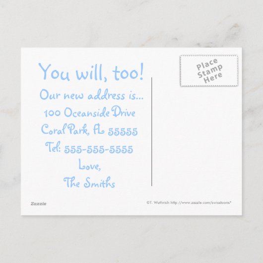 海シーレイク水をテーマユーモアのあるにした移動 案内ポストカード (裏面)